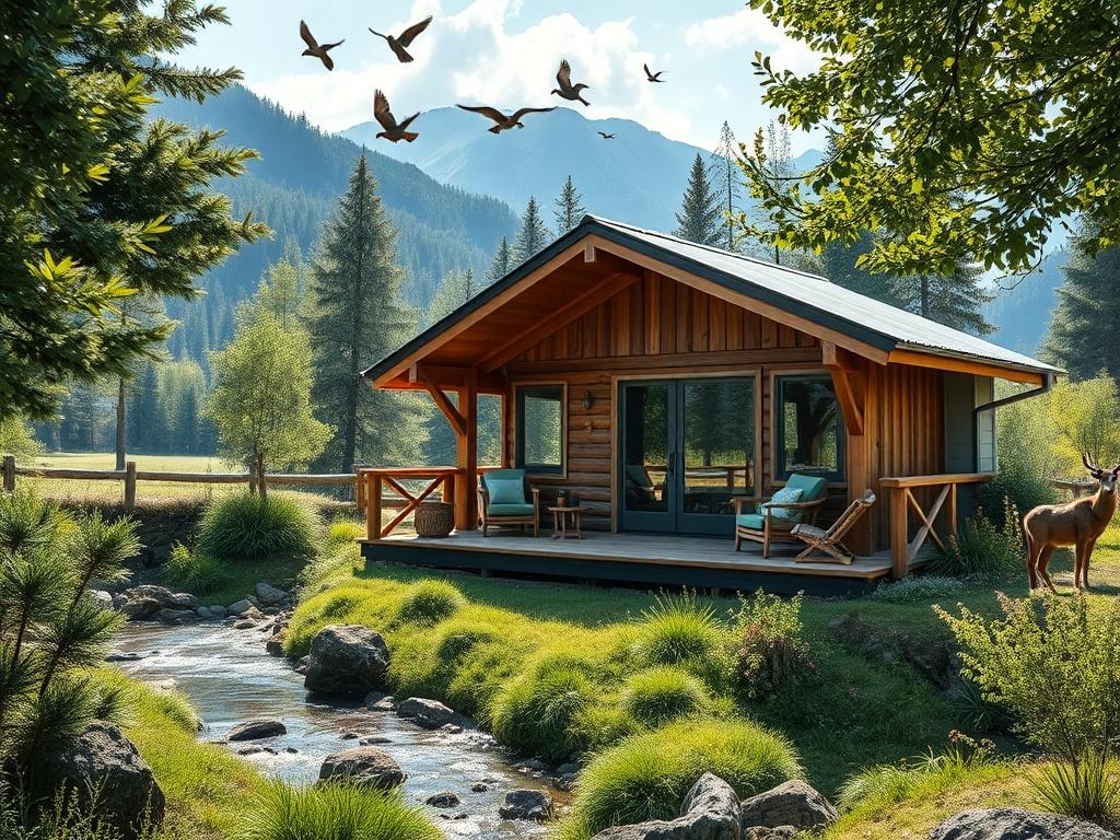 A nature chalet surrounded by lush greenery and wildlife, featuring