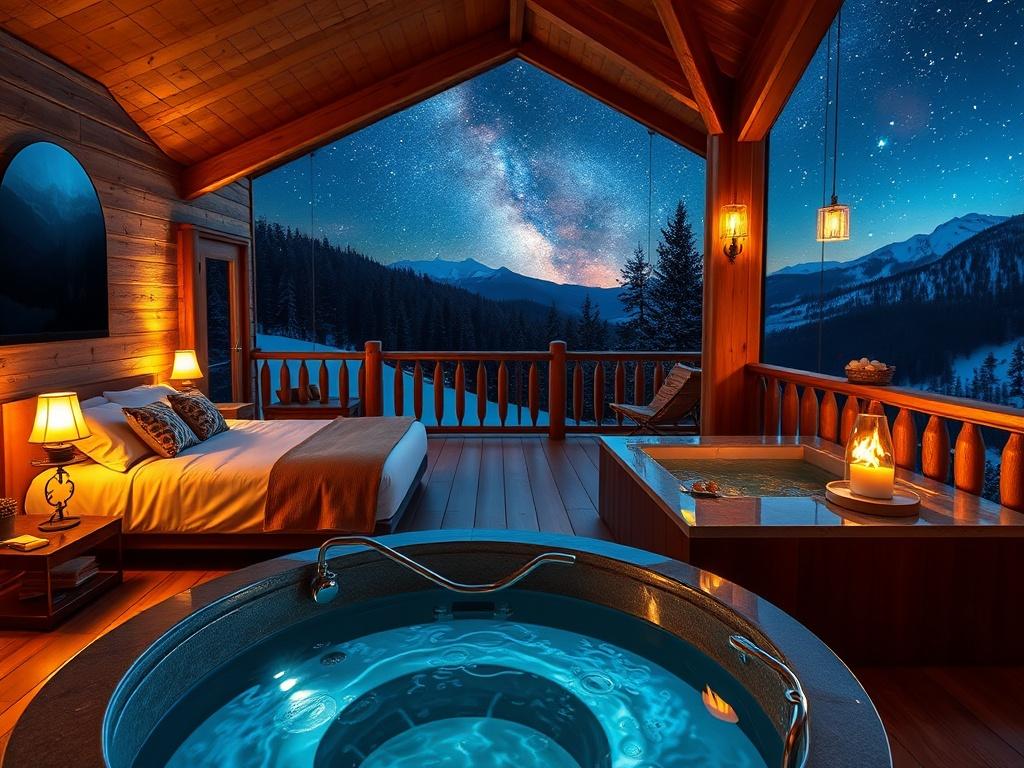 A romantic chalet designed for couples, featuring a king-size bed, a spa bathtub, and a cozy fireplace. The private terrace offers a stunning view of the starry night sky and includes a luxurious jacuzzi. The setting is tranquil and surrounded by beautiful nature, captured in high-resolution detail.