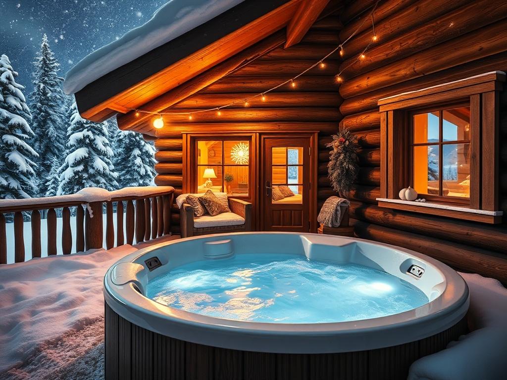 A romantic chalet with a rustic charm, featuring a hot tub on the deck surrounded by snow. The warm light from inside creates a cozy atmosphere, with soft pillows and blankets visible through the windows. The backdrop includes snow-covered trees and a starlit sky.