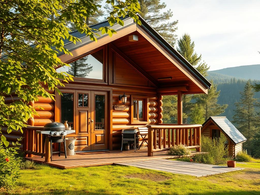 A cozy family chalet set in a serene wooded area, with a welcoming porch and a barbecue grill. The chalet features large windows with warm light spilling out, surrounded by lush greenery. In the background, soft hills and a clear sky enhance the peaceful atmosphere.