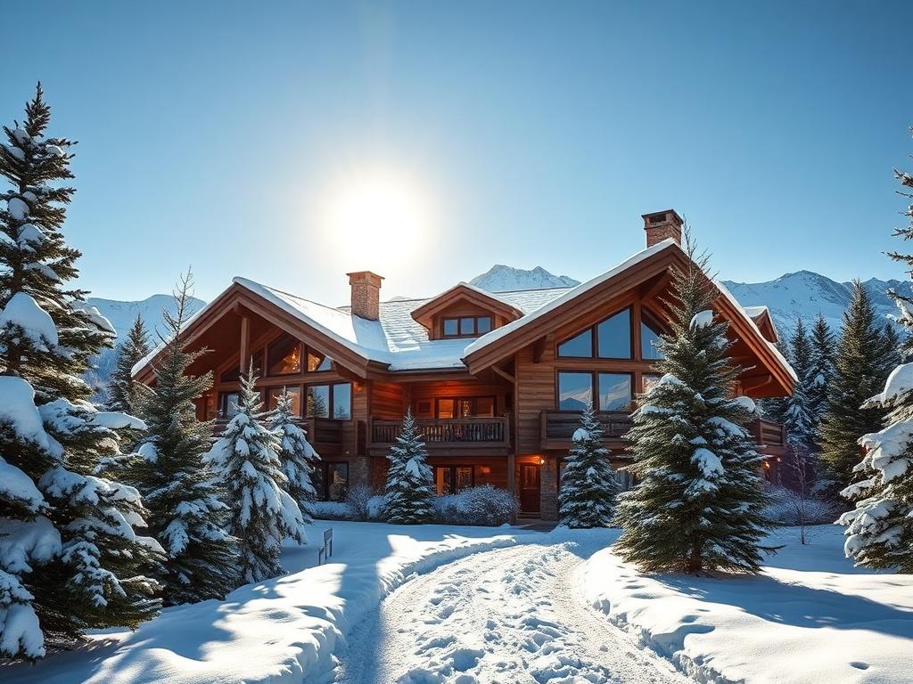 A luxurious chalet nestled in a snowy mountain landscape, surrounded by pine trees. The chalet features large windows reflecting the sunlight, with smoke gently rising from a chimney. The foreground includes a snowy path leading to the entrance, and the background showcases a majestic mountain range under a clear blue sky.