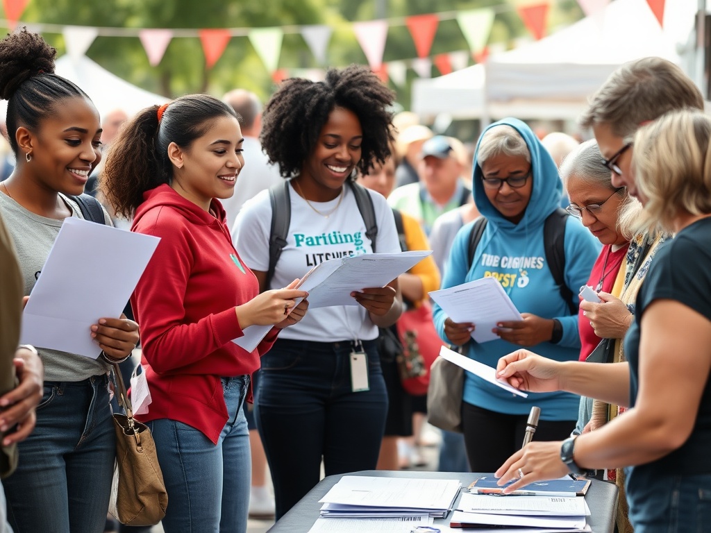 Diverse volunteer petition circulators including young adults and students collecting signatures at a community festival with intergenerational volunteer team of different ethnicities, ages, abilities, and genders