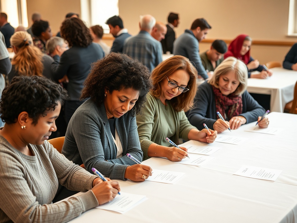 Diverse community members in small intimate groups signing official petition forms together with people of different ethnicities, ages, and abilities