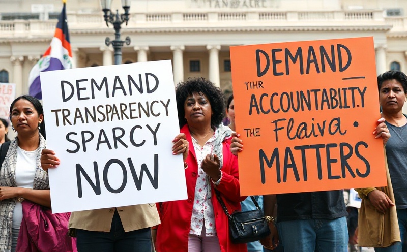 Community activists holding signs with English text demanding transparency and accountability