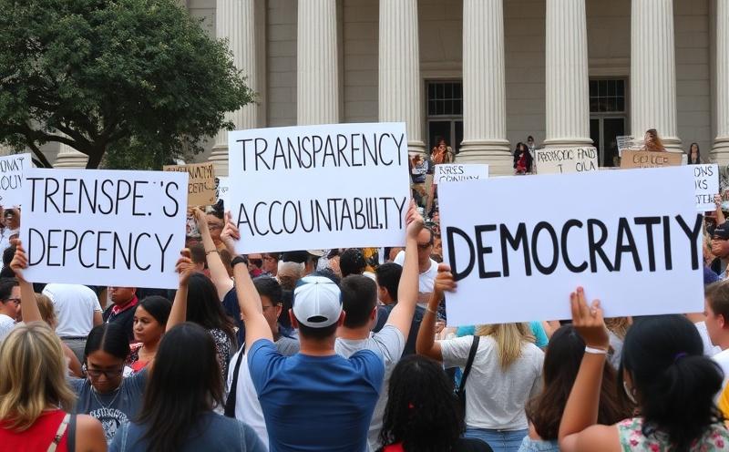 Community activists holding signs with English text demanding transparency and accountability