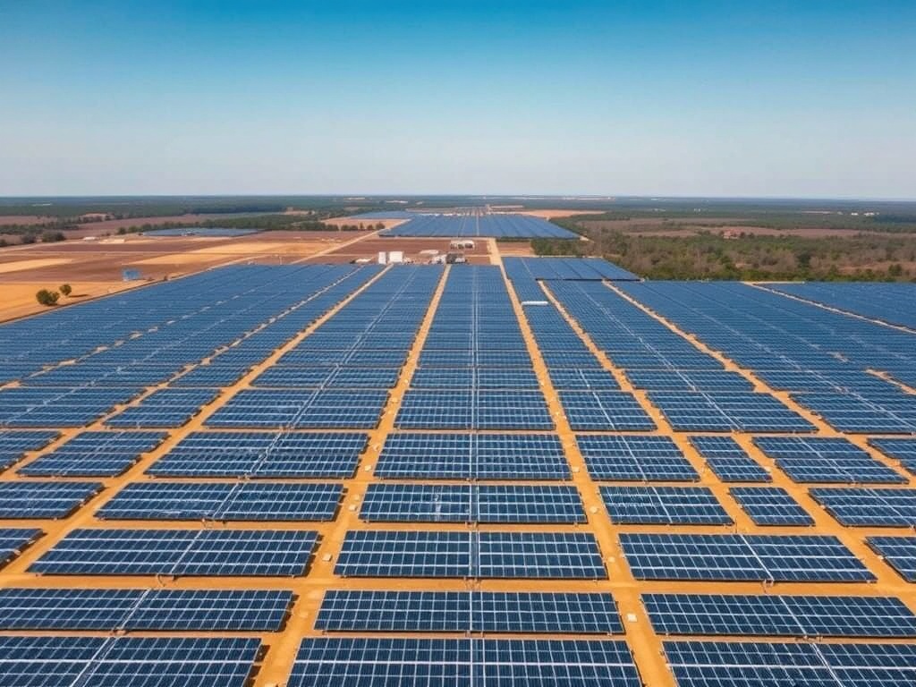 Massive utility-scale solar energy farm with thousands of panels spanning across South Carolina landscape