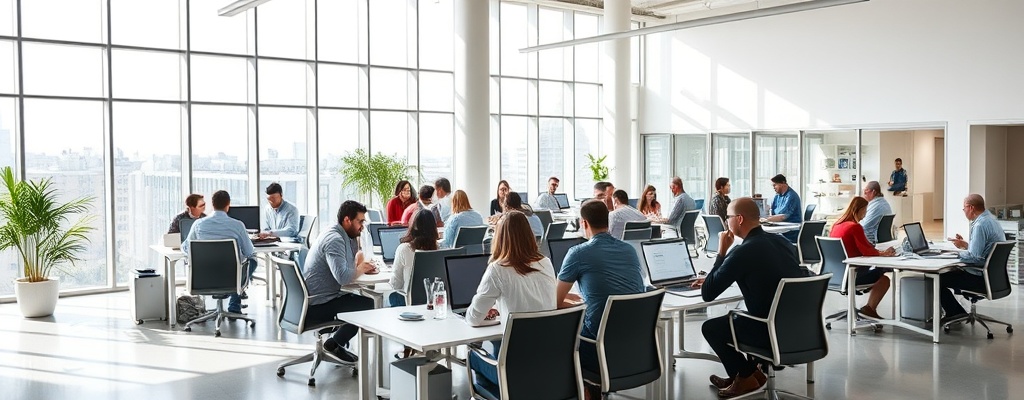Bright modern office with diverse team collaborating, large windows, natural light, showing open transparent government workplace