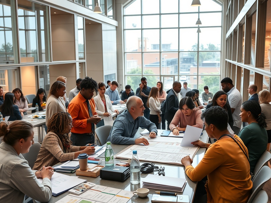 Diverse professionals and community members collaborating on transparent governance and community development plans