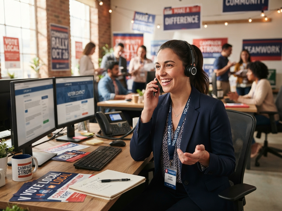 Professional campaign staff member answering phones, friendly and engaged, ready to respond to your inquiries