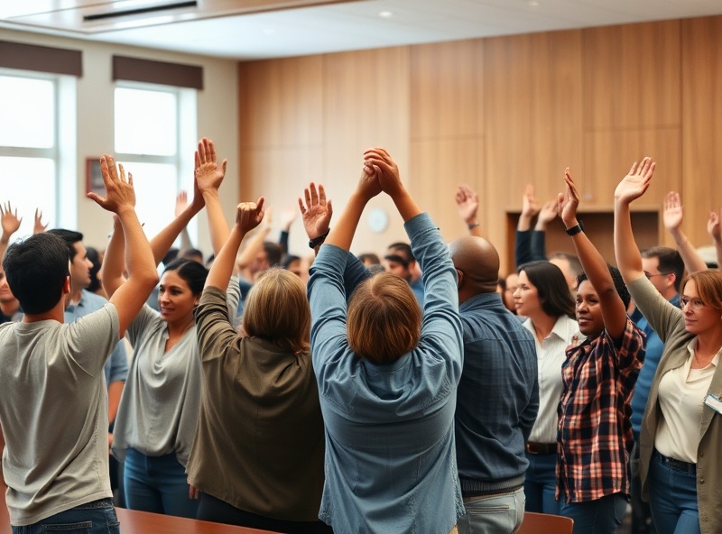 A diverse group of empowered citizens standing together in a town hall meeting, raising hands in civic engagement and democratic participation