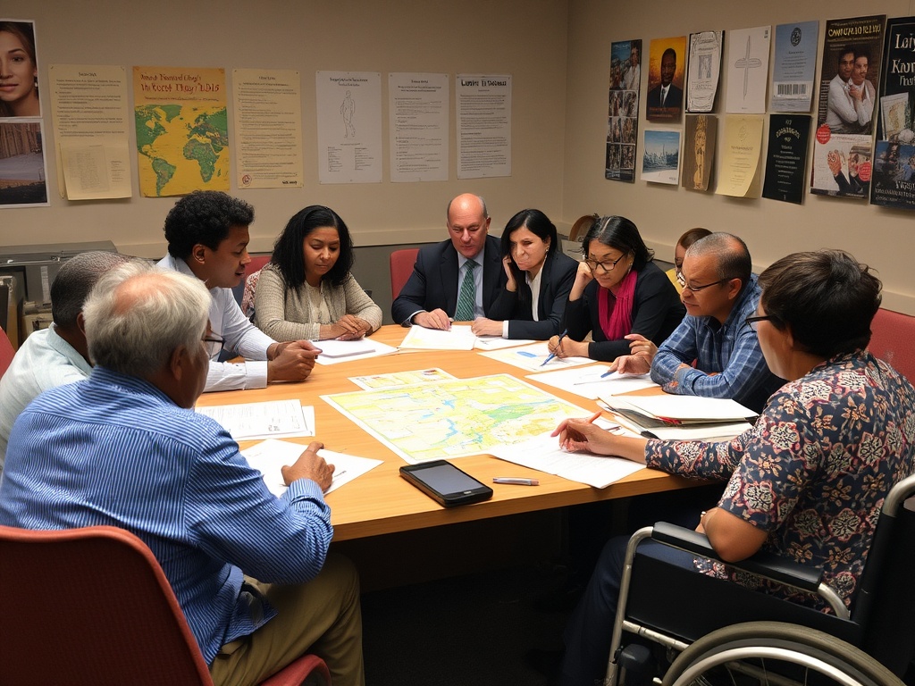 Extremely diverse and inclusive community board meeting with people of many ethnicities, ages, abilities and backgrounds working together on fair land use decisions
