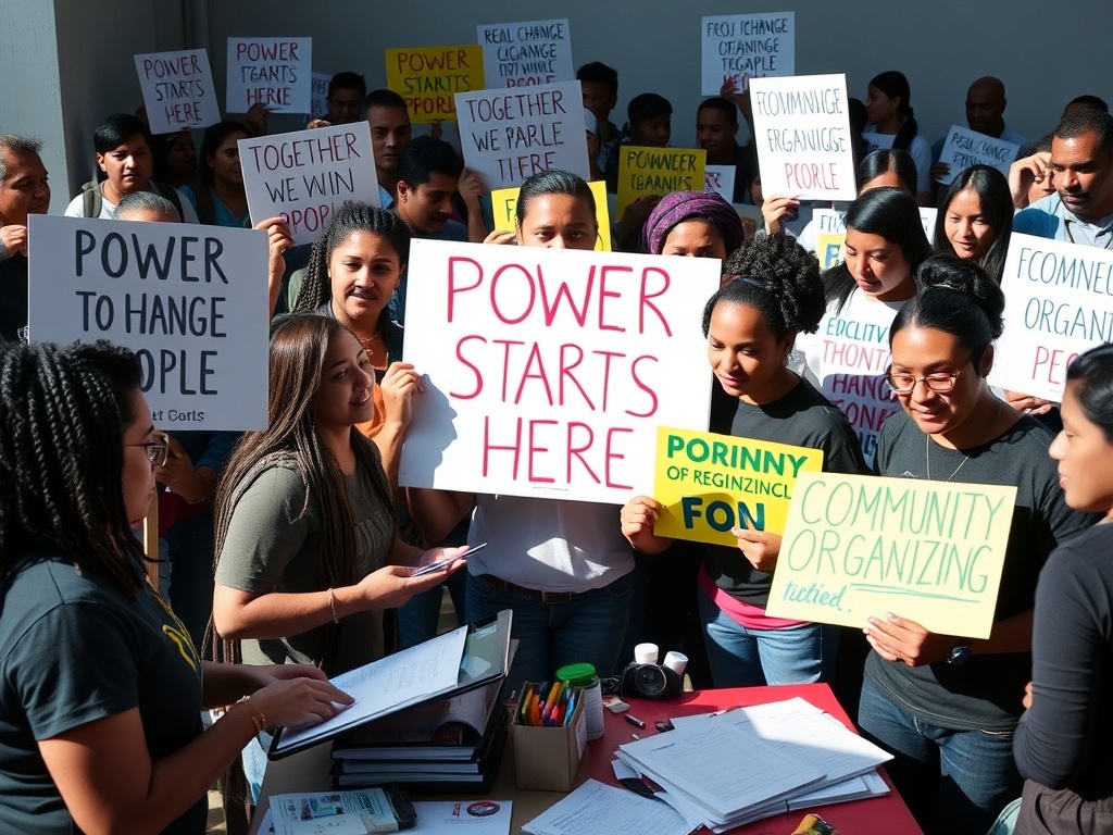 Diverse community volunteers organizing with English-language campaign signs and materials
