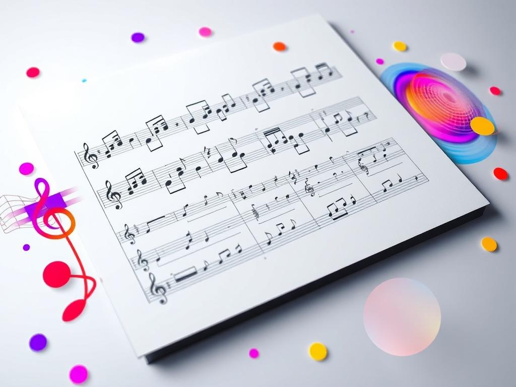 A vibrant high-resolution image of a digital music sheet filled with AI-transposed rhythms. The sheet should exhibit various note patterns with a sharp focus, surrounded by abstract representations of sound and rhythm in a colorful layout. The background should remain minimalistic, ensuring the music sheet stands out prominently.
