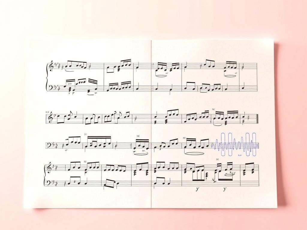 A high-resolution image of a digital music sheet displaying beautifully transposed AI-generated music notes. The background should be minimalistic with soft colors, highlighting the sheet music as the main subject. Include visual representations of sound waves subtly integrated into the design, and ensure the composition is clean and focused on the sheet music.