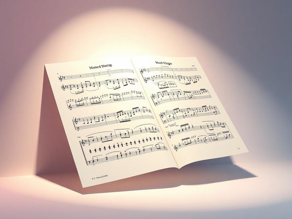 A detailed high-resolution photo of a digital music sheet featuring AI-transposed melodies. The sheet music should be clearly visible, showcasing intricate notes and dynamics. Use a soft gradient background that complements the sheet music, with a single spotlight effect to emphasize the music as the focal point.