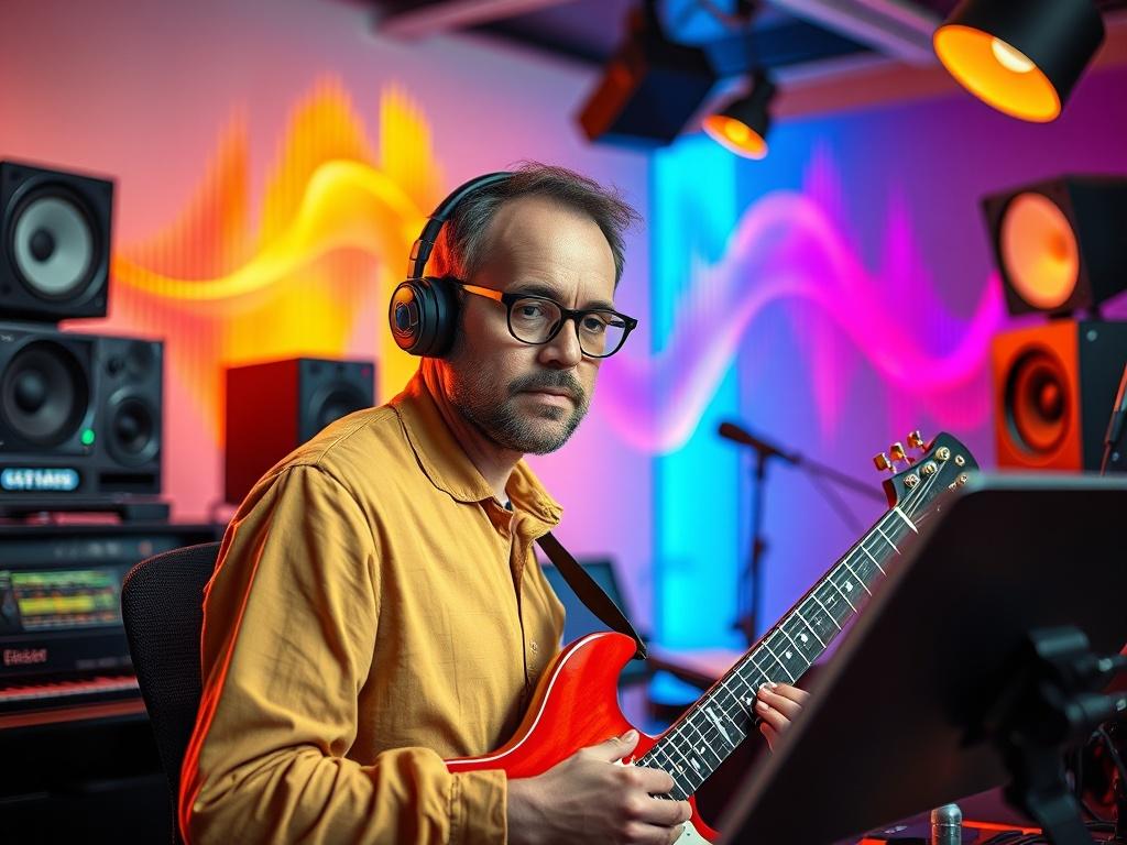 A vibrant and detailed scene of a musician in a modern studio, surrounded by high-tech equipment and instruments, with a look of concentration and creativity. The background features colorful sound waves visually representing music. The lighting is warm and inviting, emphasizing the artist's passion for music creation.