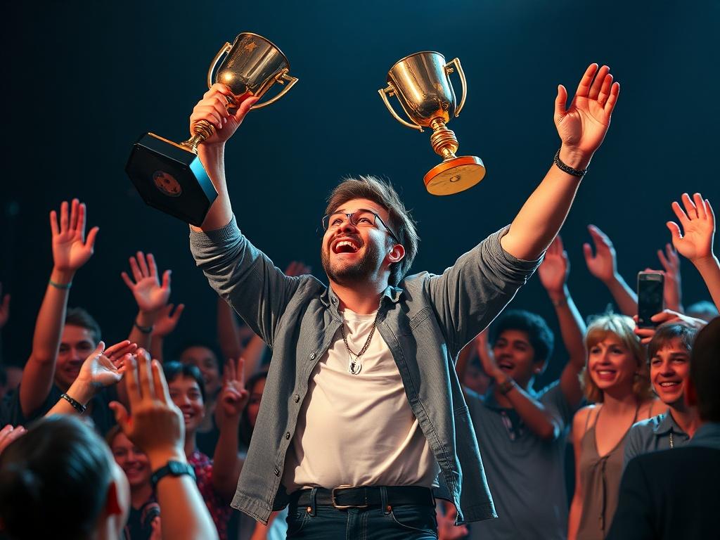 A high-resolution photo of a jubilant musician celebrating with a trophy after winning a monthly award on the Cresscendo Music App, surrounded by fans cheering.