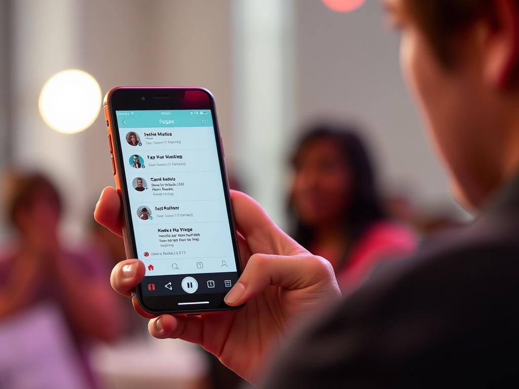 A realistic high-resolution photo of a musician communicating with fans through the Cresscendo Music App on a smartphone, showing messages and comments on screen.