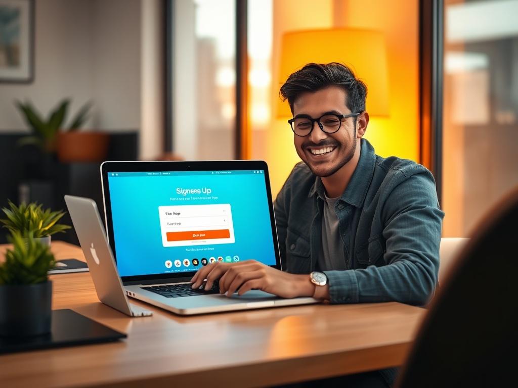 A realistic high-resolution photo of a person happily signing up on the Cresscendo Music App on a laptop, featuring a modern and clean workspace with warm lighting.
