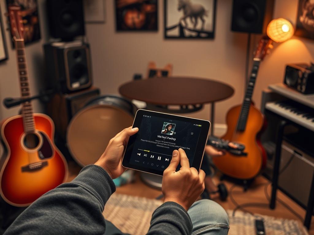 A high-resolution photo of a musician uploading their song to the Cresscendo Music App on a tablet, surrounded by musical instruments in a cozy studio.