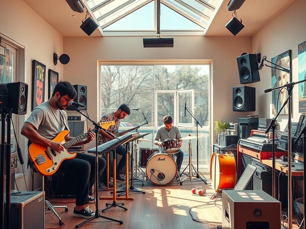 A vibrant and inviting image of a group of indie musicians collaborating in a sunny studio, surrounded by musical instruments and recording equipment, with bright colors and a lively atmosphere. The focus should be on the musicians working together, showcasing creativity and passion for music.