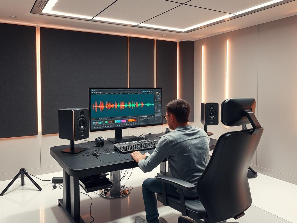 A modern recording studio setting featuring a sound engineer working on a computer, with visual representations of audio waves and separated stems on the screen, showcasing the technical aspect of music production. The environment should be sleek and professional, emphasizing creativity in sound engineering.