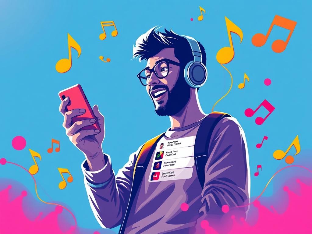 A dynamic image depicting a fan voting on music tracks using a mobile app, surrounded by bright colors and musical notes, conveying excitement and engagement. The focus should be on the fan, showcasing their enthusiasm for supporting indie music and artists.