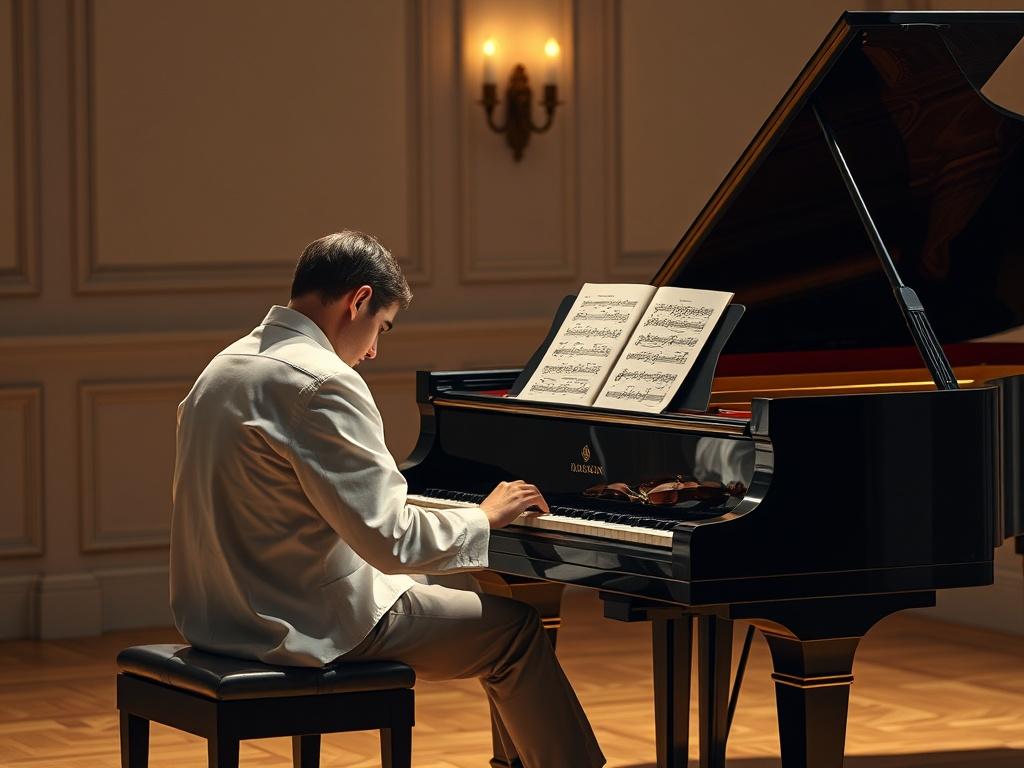 An elegant image of a musician sitting at a grand piano, composing music while reviewing beautifully printed sheet music, with soft lighting and a focus on the sheet music. The atmosphere should convey creativity and professionalism in music creation.