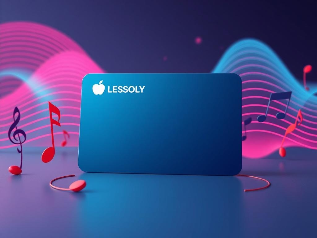 A minimalist and vibrant image showcasing a digital representation of a music membership card with musical notes and abstract sound waves in the background, emphasizing creativity and connection.