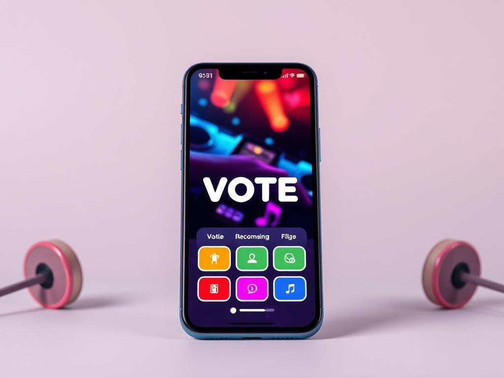An engaging and colorful image of a smartphone displaying a music voting interface with vibrant buttons and musical elements, representing fan interaction and community engagement.