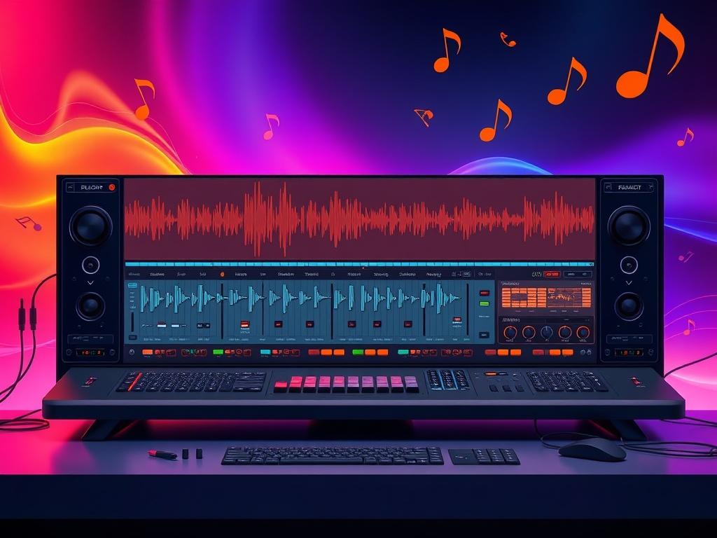 A sleek and modern image showing a digital audio workstation interface with visual representations of separated audio stems, surrounded by vibrant colors and musical motifs.