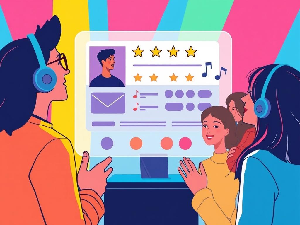 An illustration of an artist interacting with fans through a virtual platform. The screen displays a voting feature with stars and music notes, and fans' avatars are shown happily engaging. The background is colorful, representing a vibrant musical community.