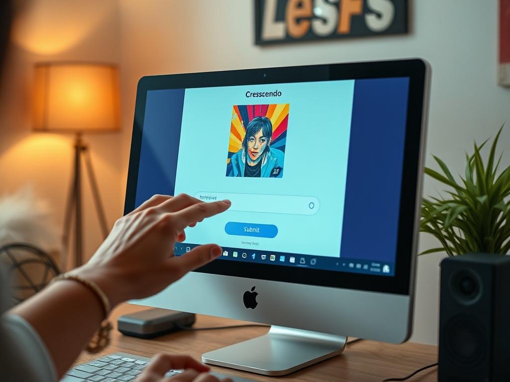 A close-up of a computer screen showing the music upload interface of the Cresscendo app. The screen displays vibrant album artwork and an upload bar, with a hand hovering over a 'Submit' button. The background is blurred but suggests a cozy creative space.
