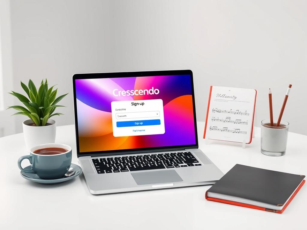 A clean, modern workspace featuring a laptop on a desk showing the Cresscendo sign-up page. The laptop screen displays vibrant colors and a user-friendly interface, while a cup of coffee and a notebook with music notes are in the background, emphasizing creativity.