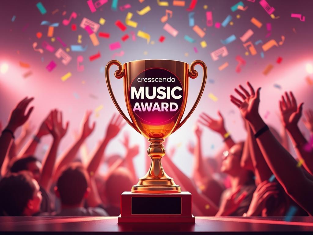A celebratory scene showcasing a digital trophy representing a monthly music award on the Cresscendo app. The background features excited fans cheering, with colorful confetti and music notes floating in the air, emphasizing the joy of winning.