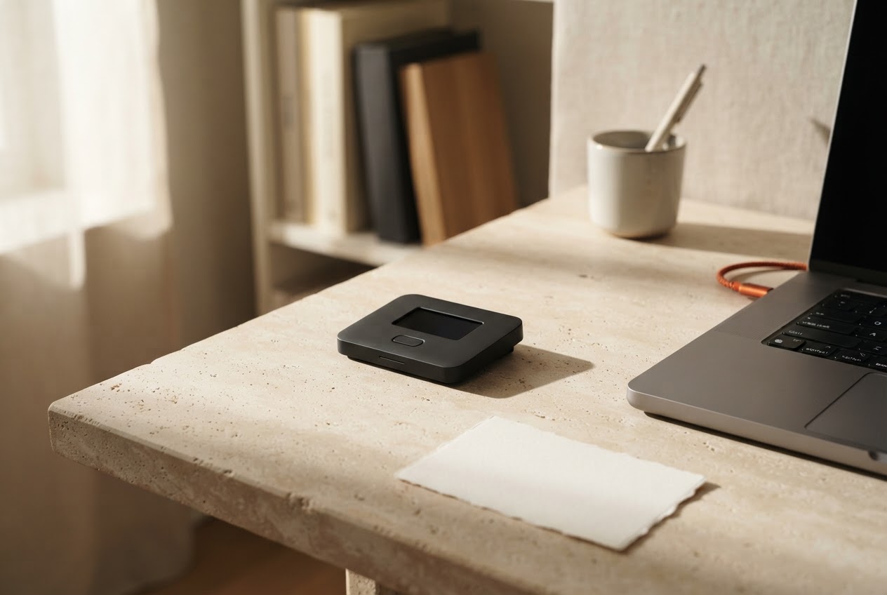 A compact hardware security wallet resting on a sunlit desk beside a laptop