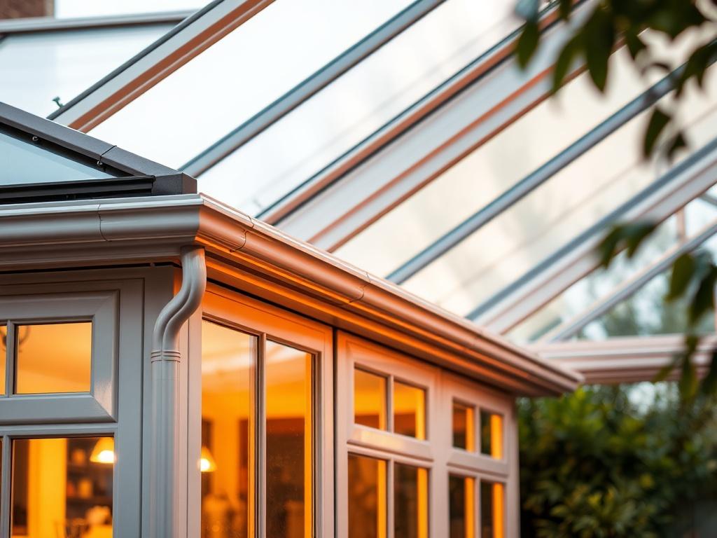 A cozy, high-resolution image of a beautifully installed conservatory with new guttering. The conservatory should have warm, golden hues and soft lighting, showcasing a serene atmosphere. Focus on the intricate details of the guttering, blending seamlessly with the conservatory's elegant design. The background should feature soft greenery, enhancing the inviting and tranquil vibe of the scene.