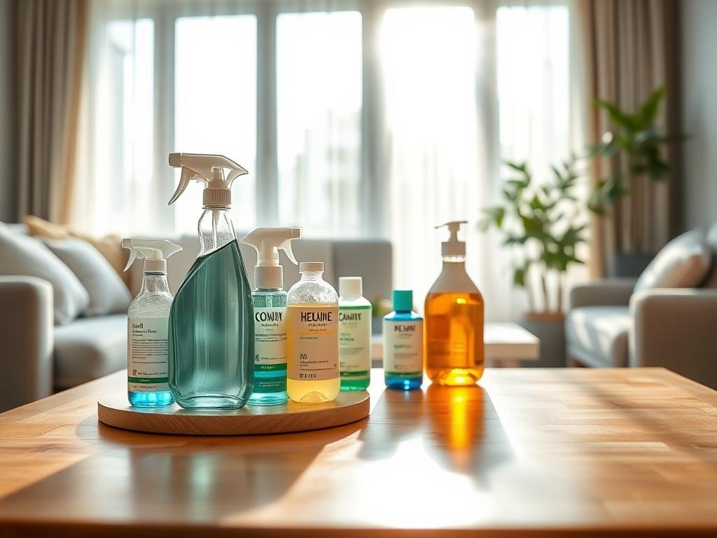 A close-up shot of a sparkling clean living room, showcasing eco-friendly cleaning products neatly arranged on a polished wooden table. The background features a sunlit window with sheer curtains, illuminating the room's immaculate surfaces. The image should be shot in hyper-realistic detail, capturing the textures of the furniture and the freshness of the space.