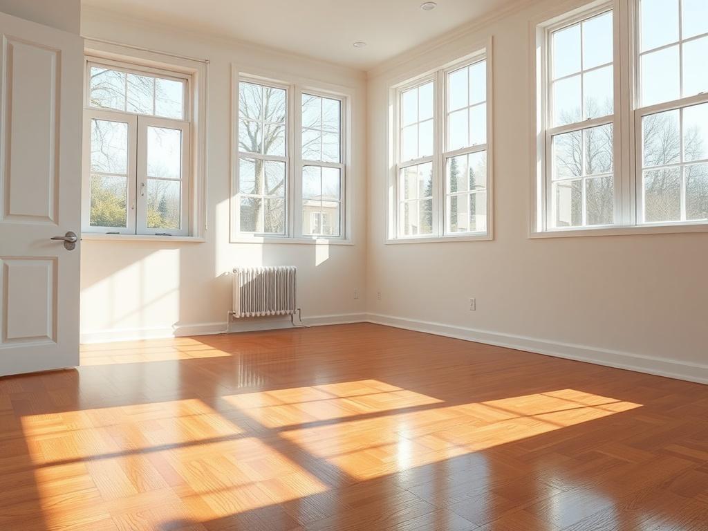 A detailed close-up shot of an empty bedroom ready for new occupants, showcasing gleaming floors and freshly cleaned windows. The sunlight streams in, highlighting the immaculate condition of the room. The image should convey a sense of freshness and readiness, emphasizing a clean slate for the new residents.