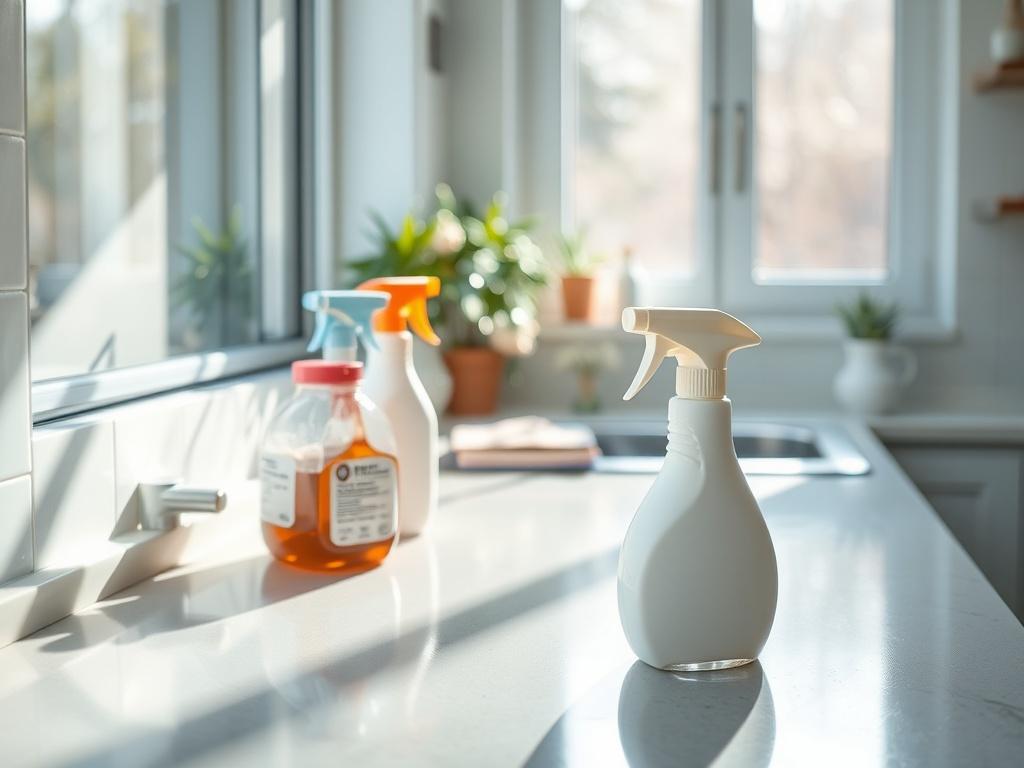 A hyper-realistic close-up shot of a clean kitchen countertop with sparkling surfaces and neatly arranged cleaning supplies beside a window. The background features a bright, airy space with sunlight pouring in, highlighting the freshness of the move-in/move-out cleaning. The image captures the essence of a clean and inviting kitchen, shot with a 45mm f/1.2 lens.