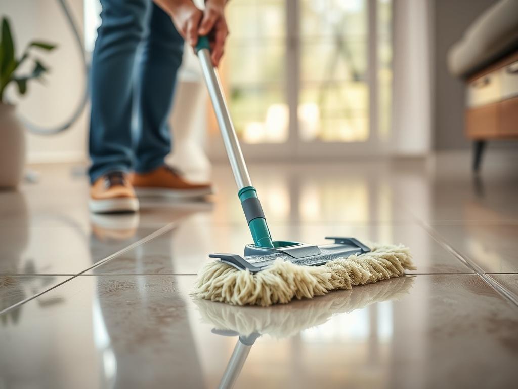 A hyper-realistic close-up shot of a professional cleaner scrubbing a tiled floor with attention to detail. The background shows a well-lit area of the home, emphasizing cleanliness and freshness. The focus is on the cleaner's hands and the gleaming tiles, capturing the intensity of the deep cleaning process, shot with a 45mm f/1.2 lens.