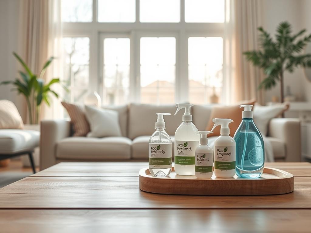 A hyper-realistic close-up shot of a beautifully clean living room, showcasing eco-friendly cleaning products displayed elegantly on a wooden coffee table. The background features a bright, airy atmosphere with sunlight streaming through large windows, illuminating the pristine surfaces. The focus is on the natural textures and colors, emphasizing a calm and inviting environment, captured with a 45mm f/1.2 lens.