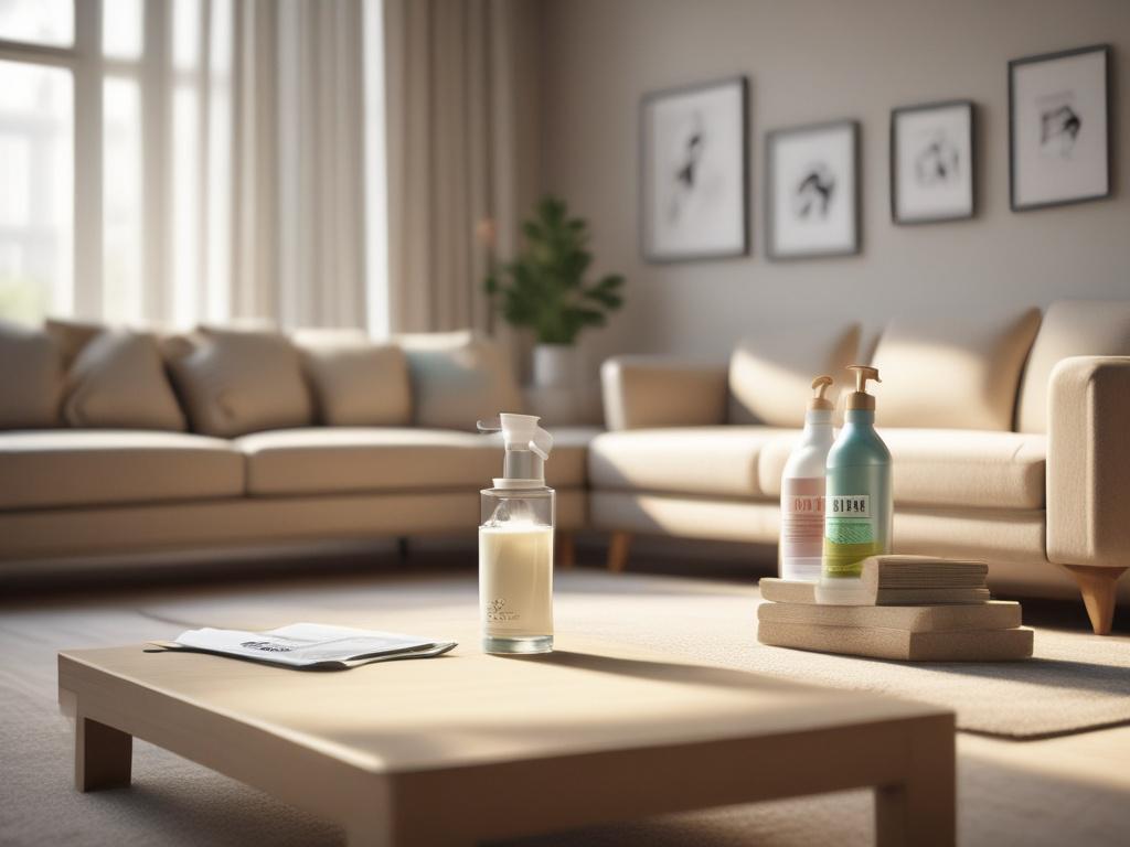 A hyper-realistic close-up shot of a pristine living room with eco-friendly cleaning products displayed neatly on a coffee table. The room features bright, natural light streaming through large windows, highlighting the clean surfaces and fresh ambiance. Soft textures like a plush sofa and decorative plants add warmth. Shot with a 45mm f/1.2 lens, focusing on the details of the cleaning products and the cleanliness of the room. The primary color theme should be compatible with rgb(122, 86, 4).