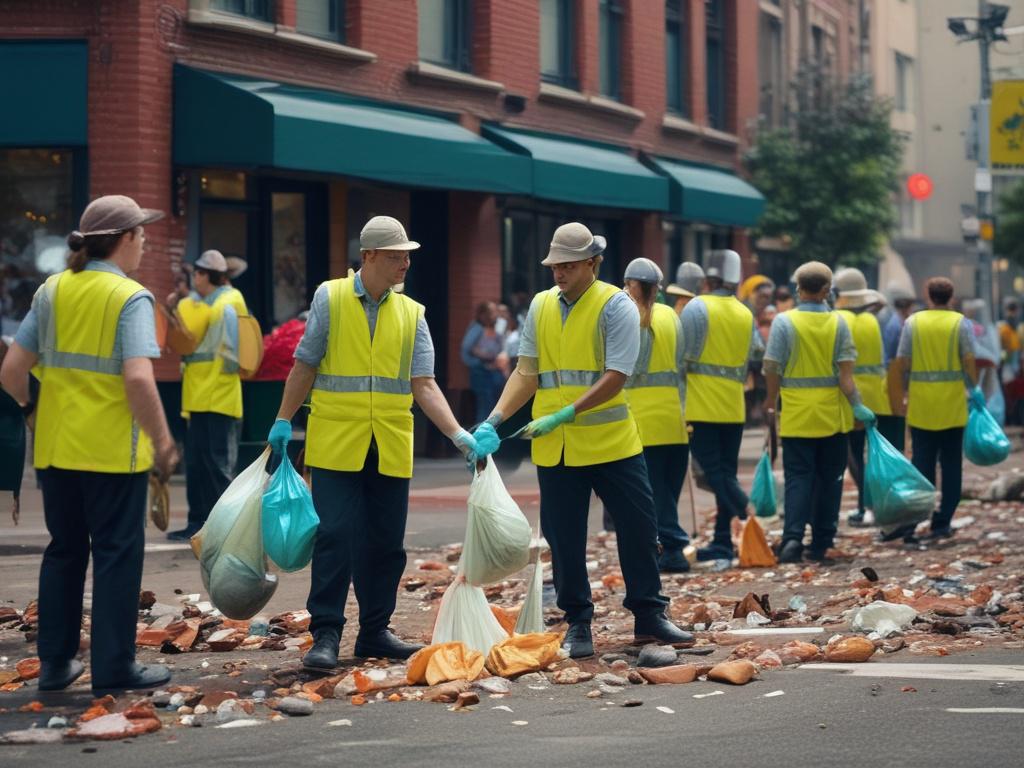 A hyper-realistic close-up shot of a team of cleaners gathering trash and cleaning up after a vibrant party. The scene captures the hustle and bustle of cleanup with colorful decorations still visible in the background. The focus is on the cleaners' hands and the discarded items, showcasing the thoroughness of the cleanup process. Shot with a 45mm f/1.2 lens, highlighting the action and the vibrant atmosphere. The primary color theme should be compatible with rgb(122, 86, 4).