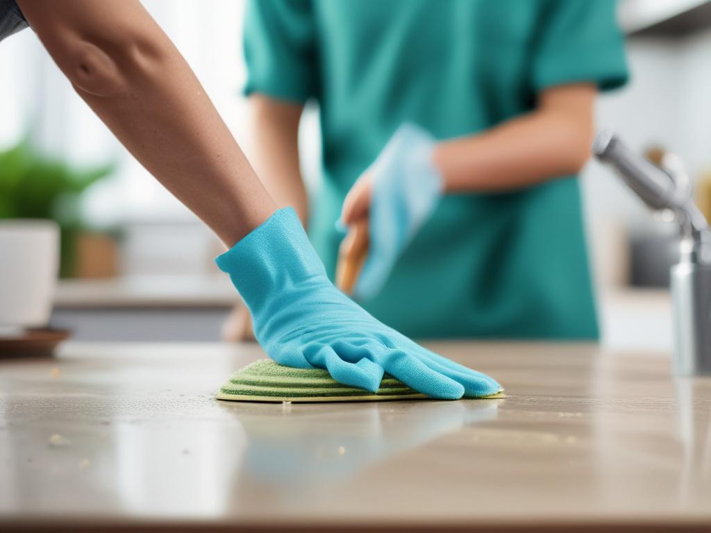 A hyper-realistic close-up shot of a professional cleaner scrubbing a kitchen countertop with eco-friendly products. The focus is on the cleaner’s hands and the sparkle of the countertop, showcasing the deep cleaning process. The background features a clean kitchen environment with soft natural light. Shot with a 45mm f/1.2 lens, emphasizing the cleaning action and the pristine state of the kitchen. The primary color theme should be compatible with rgb(122, 86, 4).