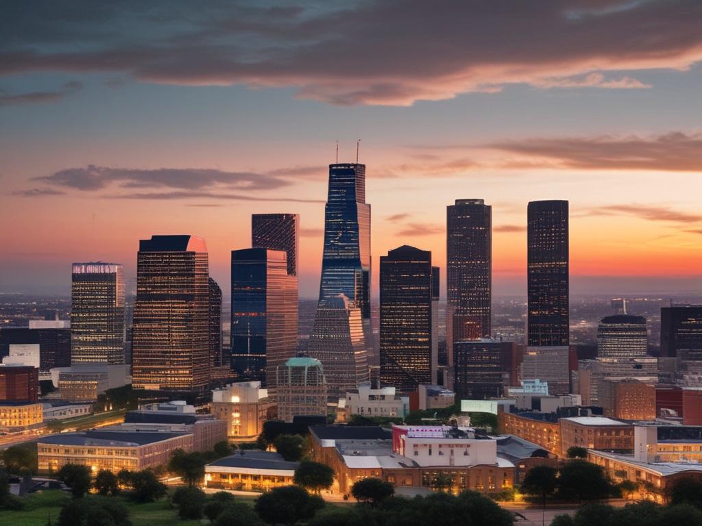 A stunning close-up shot of Houston's downtown skyline, captured with a 45mm f/1.2 lens. The focus is on the vibrant architecture of the skyscrapers, showcasing their modern design and glass reflections. The background features a clear blue sky, emphasizing the city's dynamic atmosphere. The color palette should include rich hues that complement the rgb(122, 86, 4) primary color, creating a sense of elegance and liveliness.