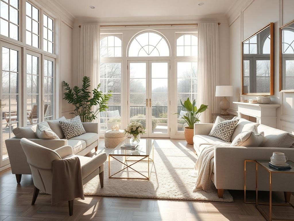 A hyper-realistic close-up shot of a pristine living room, showcasing a beautifully arranged space with sunlight streaming through large windows. The room features elegant furniture and decorative elements, emphasizing cleanliness and comfort. Use a 45mm f/1.2 lens style to create a soft background blur, highlighting the immaculate surfaces and fresh ambiance.