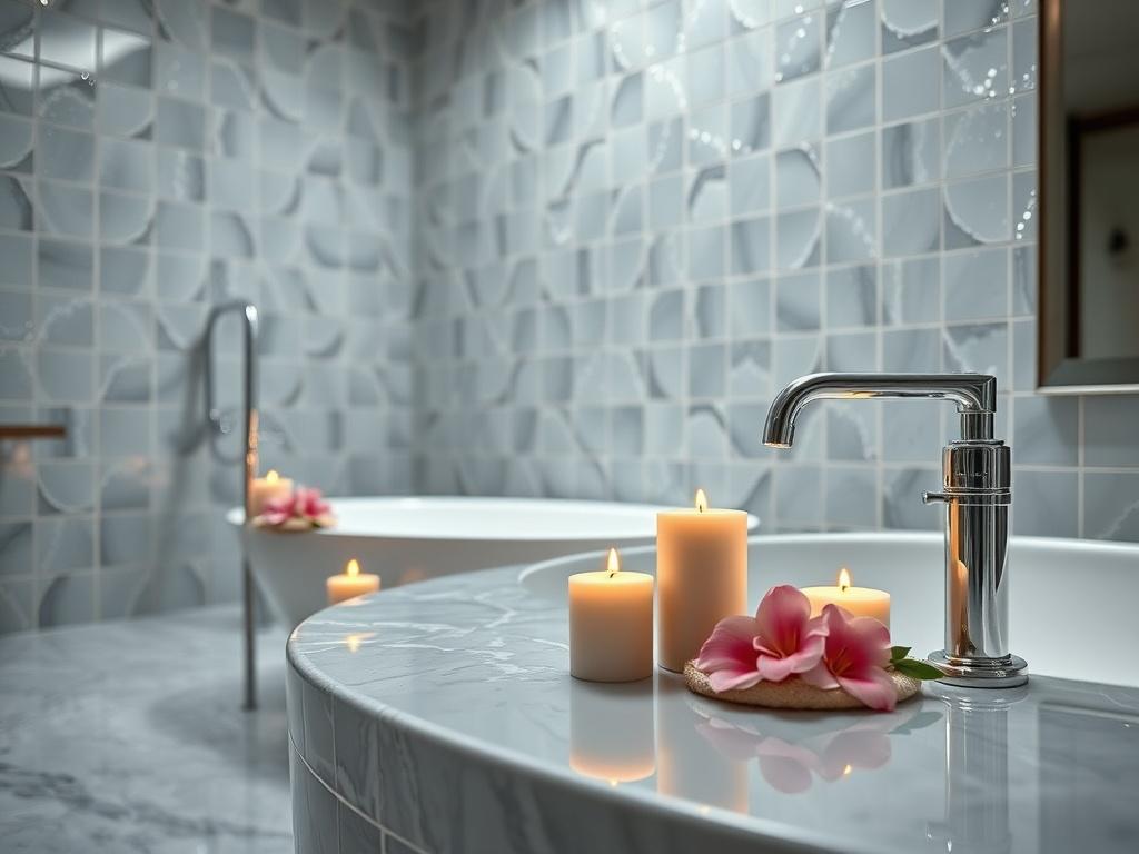 A close-up shot of a luxurious bathroom with sparkling tiles and polished fixtures. The image should capture the essence of cleanliness and sophistication, featuring a neatly arranged spa setup with candles and flowers. Use natural light to enhance the ambiance, showcasing the pristine condition.