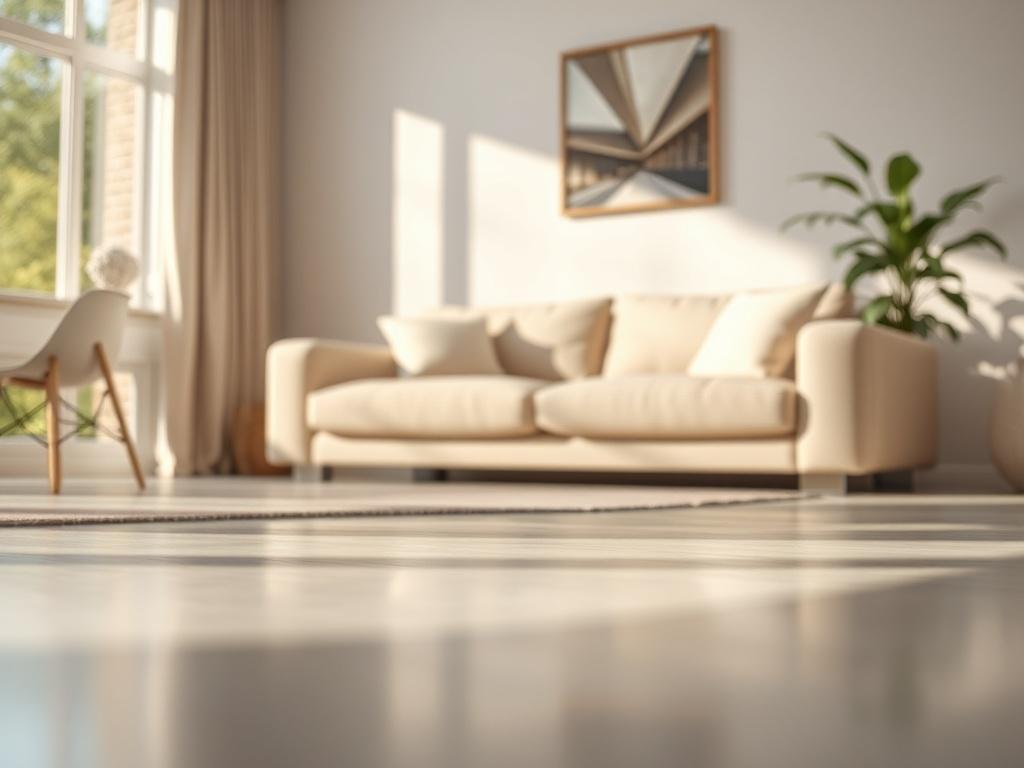 A hyper-realistic close-up shot of a clean, sparkling living room with natural light streaming in. The focus is on a spotless area with a soft, neutral color palette. Include a plush sofa and a potted plant in the background, reflecting a serene atmosphere. The composition should highlight cleanliness and tranquility.