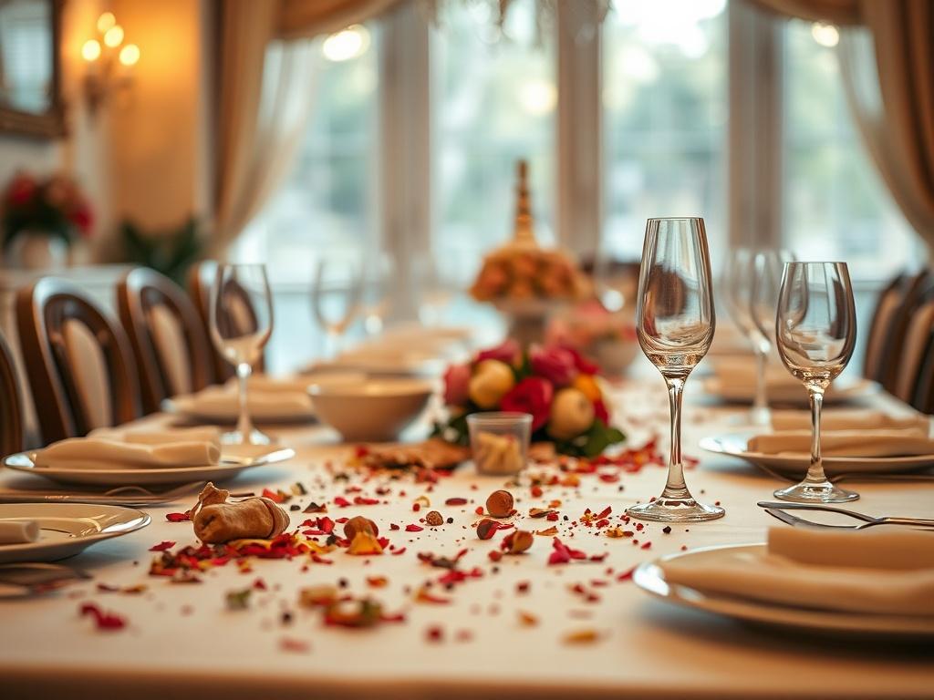 A hyper-realistic close-up shot of an elegantly arranged dining table after a celebration, with remnants of food and decorations being cleaned. The background should show a clean, bright space, capturing the essence of post-event transformation. Use warm lighting to create an inviting atmosphere.